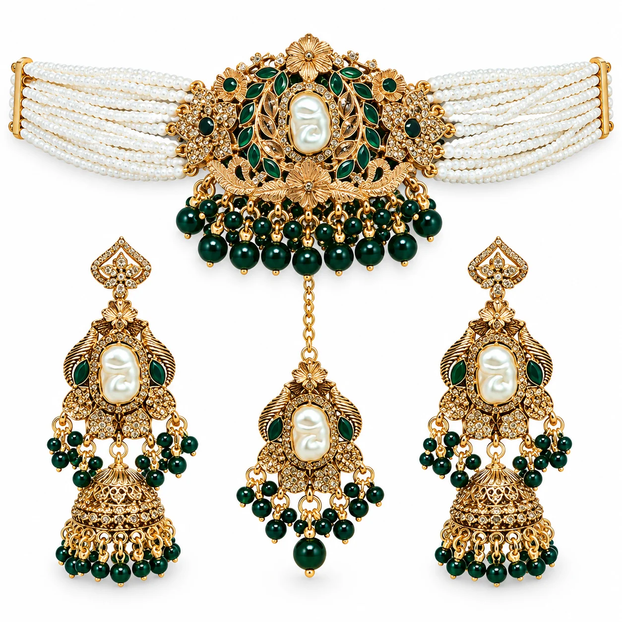 Emerald Pearl Bridal Choker Set - Image 2