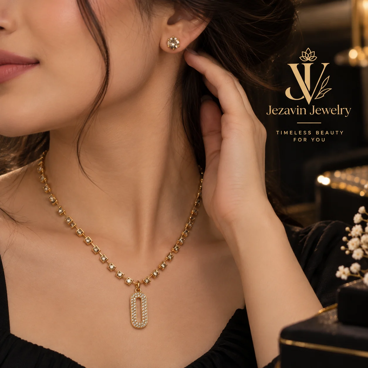 Golden Crystal Link Pendant & Stud Earrings Set - Image 3