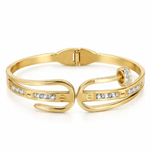 Crystal Buckle Open Gold Bangle