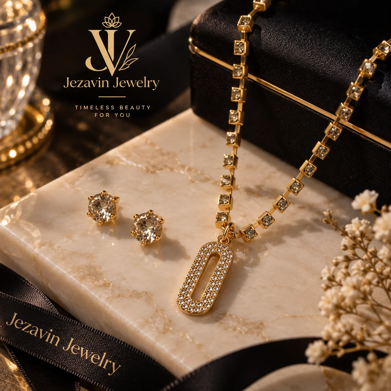 Golden Crystal Link Pendant & Stud Earrings Set - Image 2