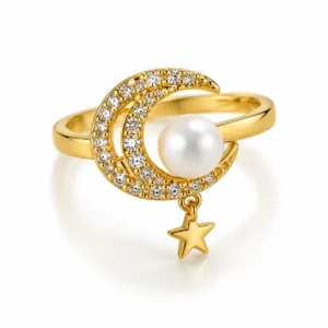 Celestial Moon & Pearl Star Charm Ring