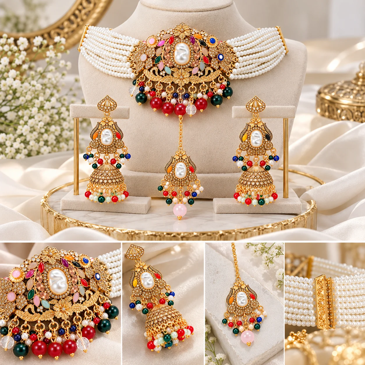 Emerald Pearl Bridal Choker Set - Image 4
