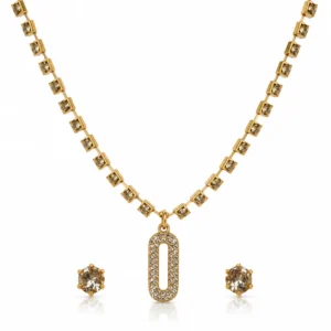 Golden Crystal Link Pendant & Stud Earrings Set