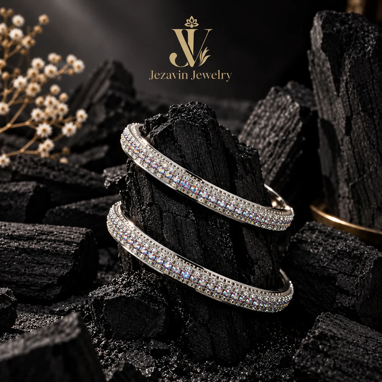 Aurora Crystal Silver Bangles – Pair - Image 3