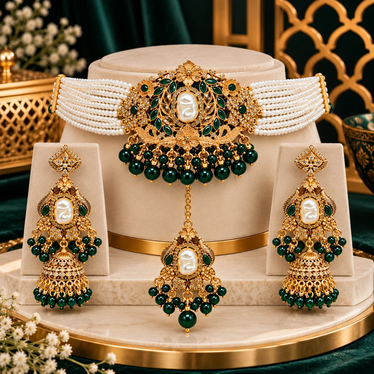 Emerald Pearl Bridal Choker Set - Image 8