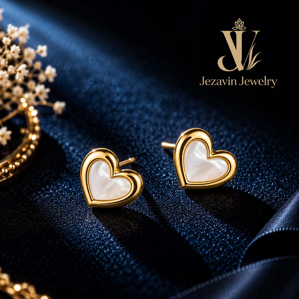 Mother-of-Pearl Heart Gold Stud Earrings - Image 2