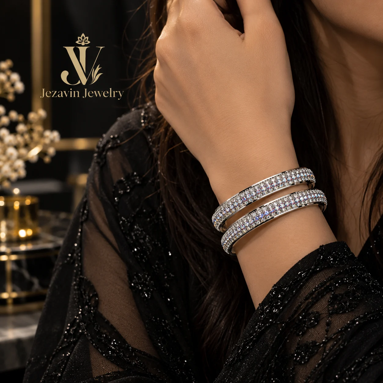 Aurora Crystal Silver Bangles – Pair - Image 2