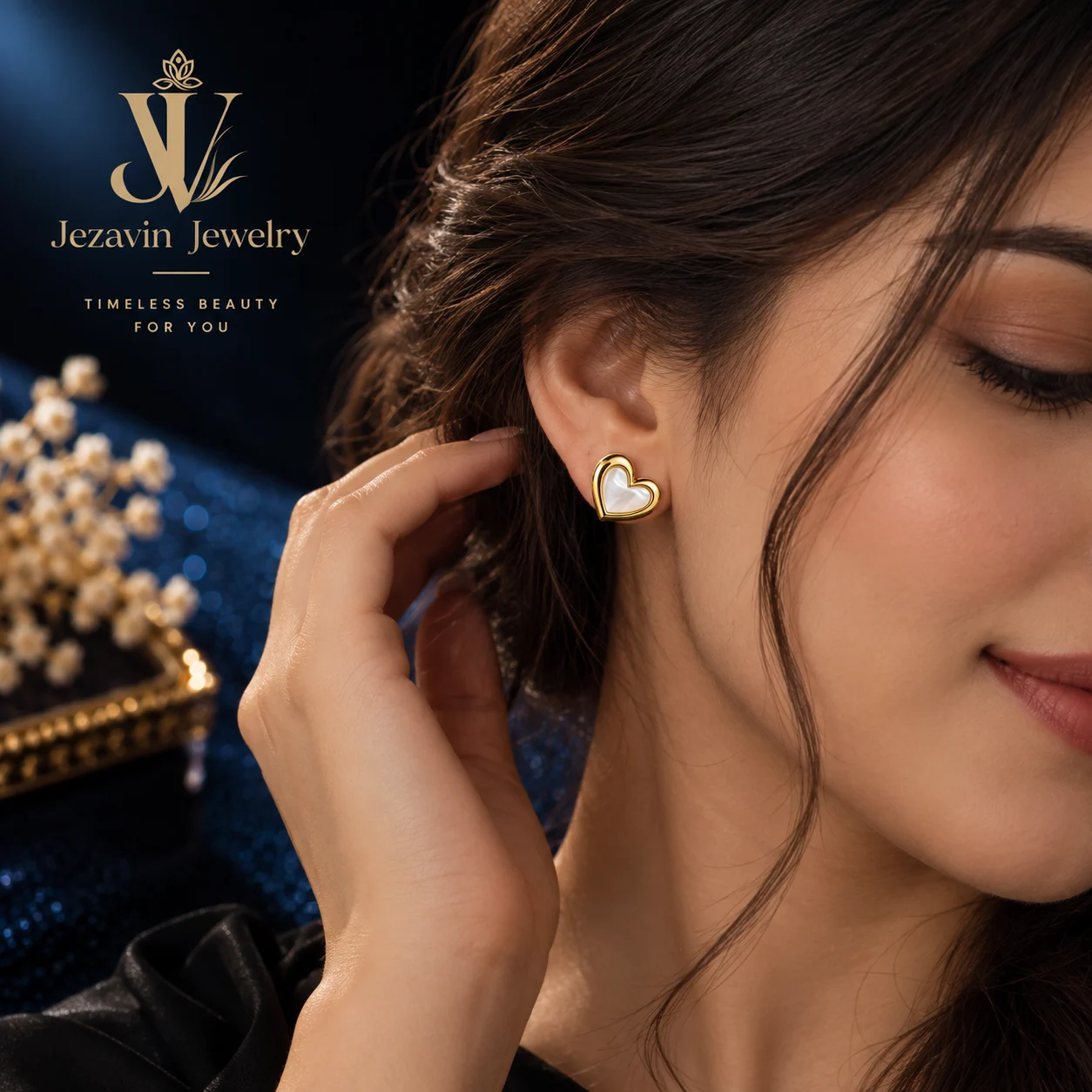 Mother-of-Pearl Heart Gold Stud Earrings - Image 3