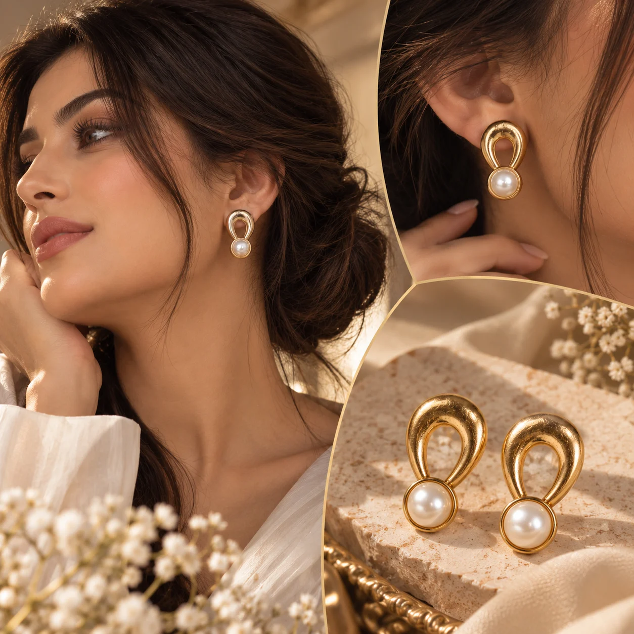 Golden Pearl Loop Earrings - Image 2