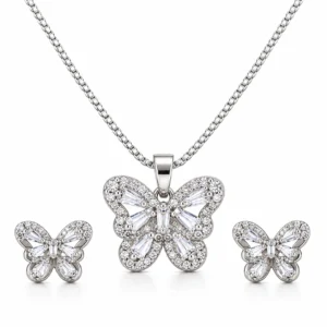 Silver Butterfly Necklace and Earrings Set
